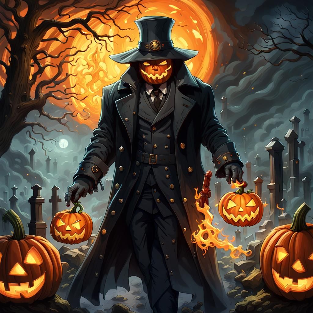 "A glowing-eyed pumpkin, dressed in a black trench coat, stands in the middle of a ghostly graveyard, holding a burning fire in his hand. Th...