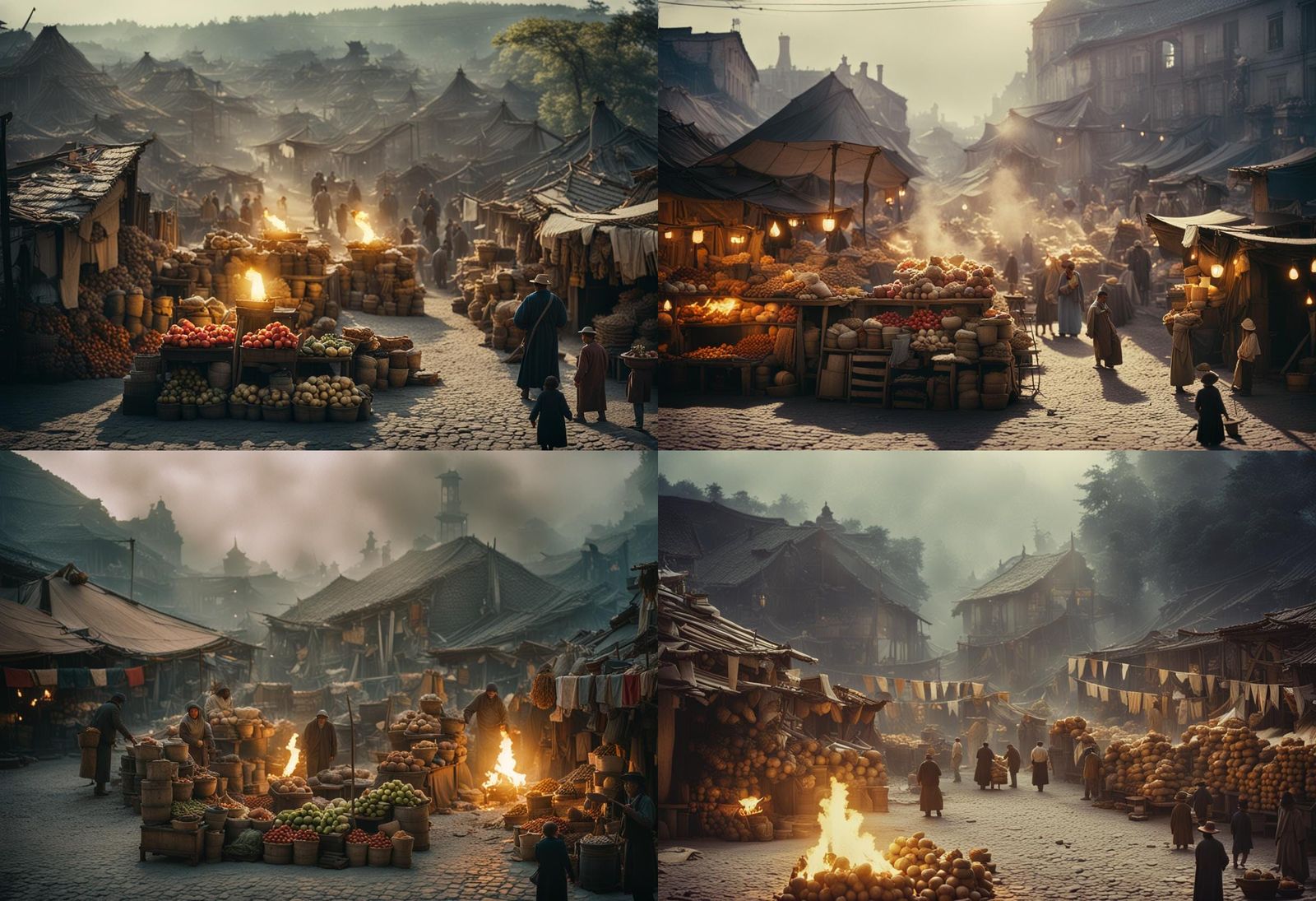 Market scene with produce being sold, animals, cobbled stree...