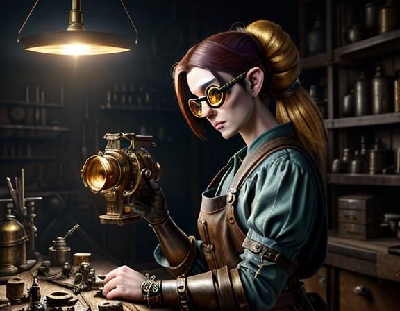 A female gnome with an automata, standing at a workbench Epi...