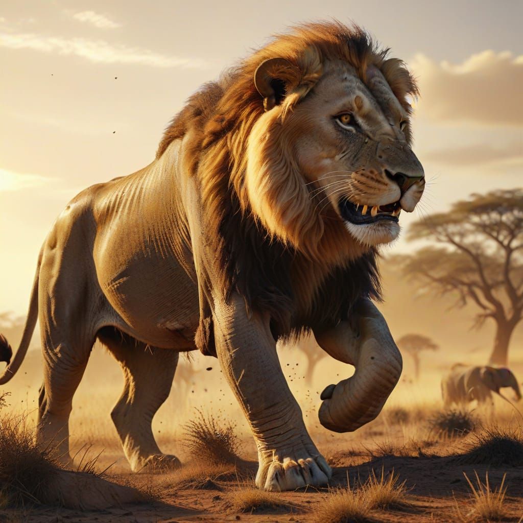 Lion Attacks Elephant in Dramatic Savanna Scene