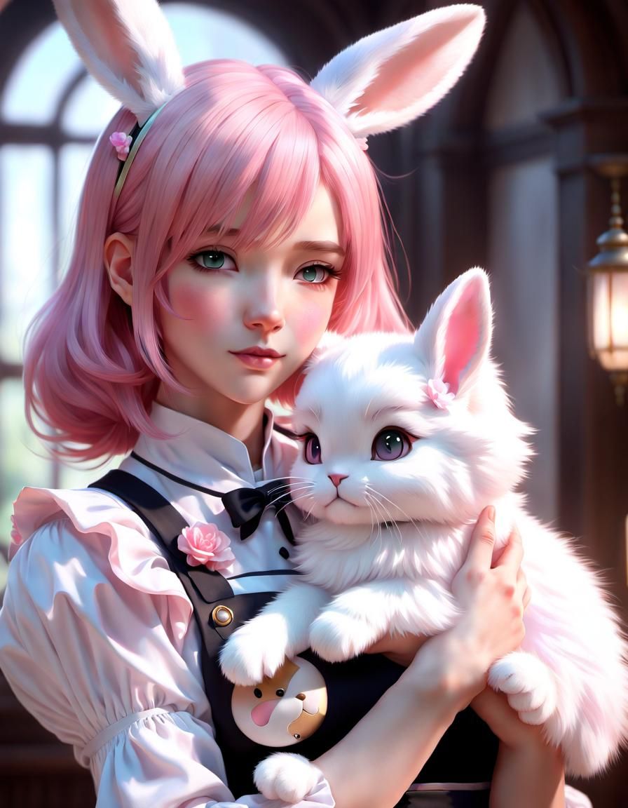 digital painting of a blushing pink-haired rabbit girl, Neko, maid, holding a cute fluffy chibi kitty, wlop, cinematic l...