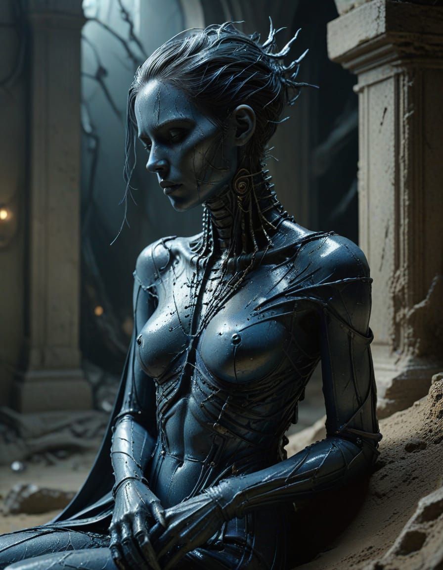 A Close-Up Of A Surreal Figure With Shimmering Metallic Blue Skin And Sharp, Angular Features, Their Hair Sculpted Into Gravity-Defying Silv...