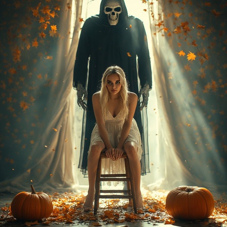 On a stool between pumpkins