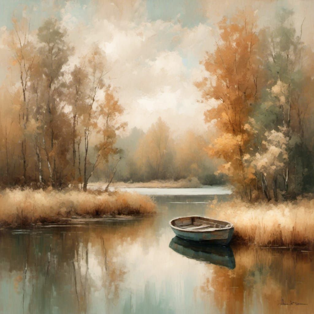 A serene autumn landscape in a slightly abstract Impressionist style. 