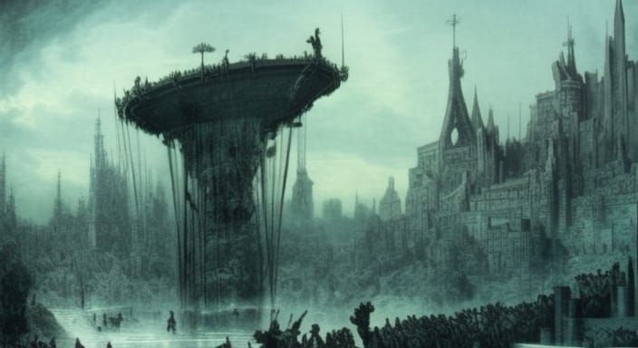 theme park post apocalyptic wonderland, by Gustave Doré