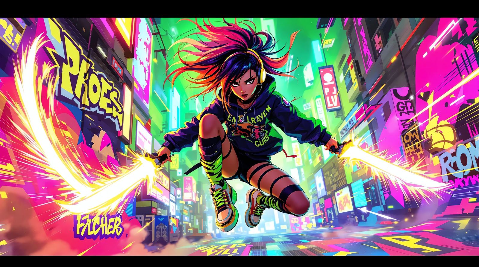 Rebellious E-Girl Assassin in Neon Cyberpunk Style