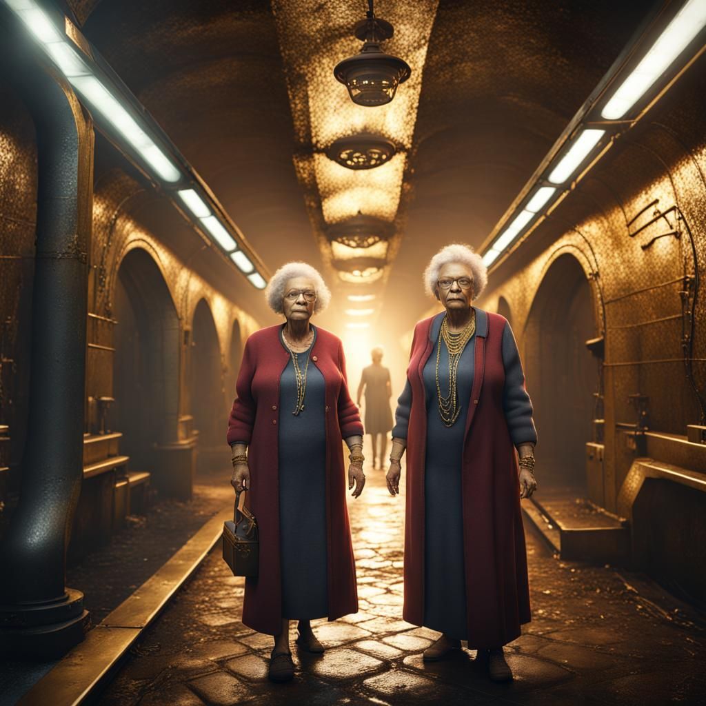 grandmas in an underground subway with gold chains