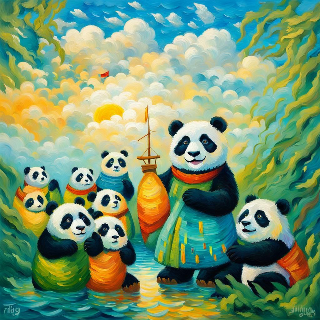 Panda Sailing at Sea in Neo-Impressionist Style