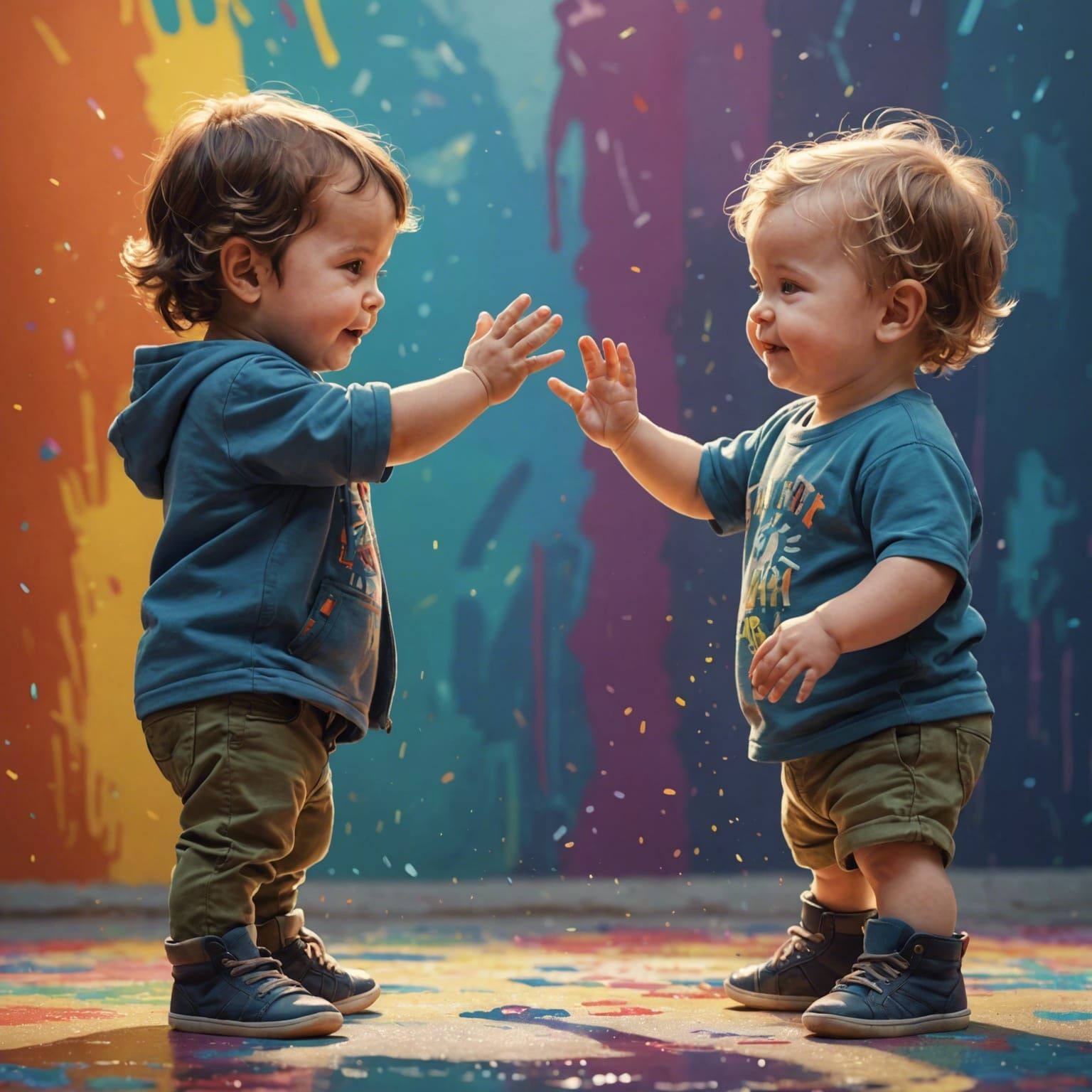 Two toddlers facing each other and giving each other a high five  by @jnatas