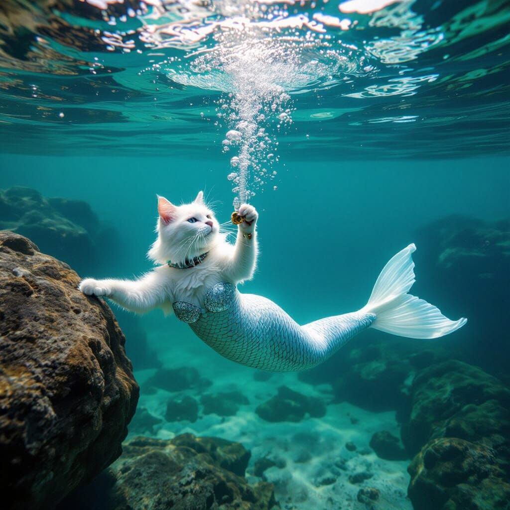 White cat in her stunning mercat costume begins her underwater Ballet with a hidden breathing tube that she uses while she dances.    