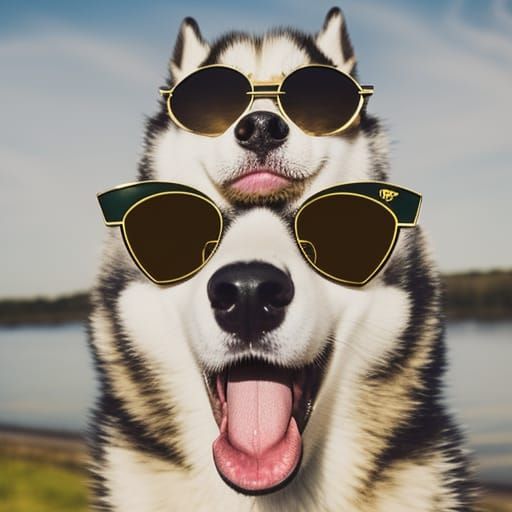 A husky with a gold collar  black sunglasses