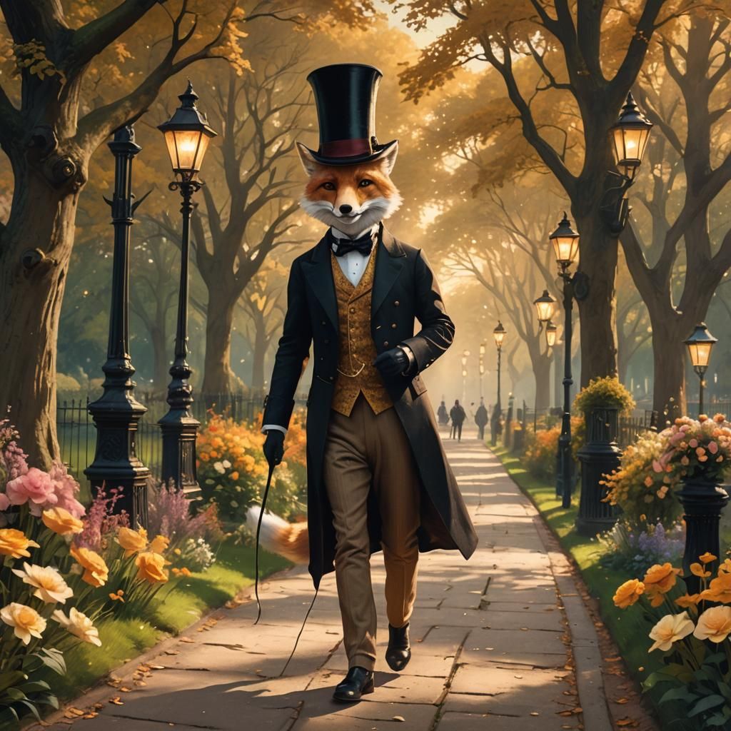 A stately victorian fox facing forward strolling down a park...