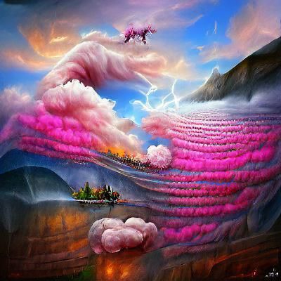 endless river of pink clouds in a mountain landscape