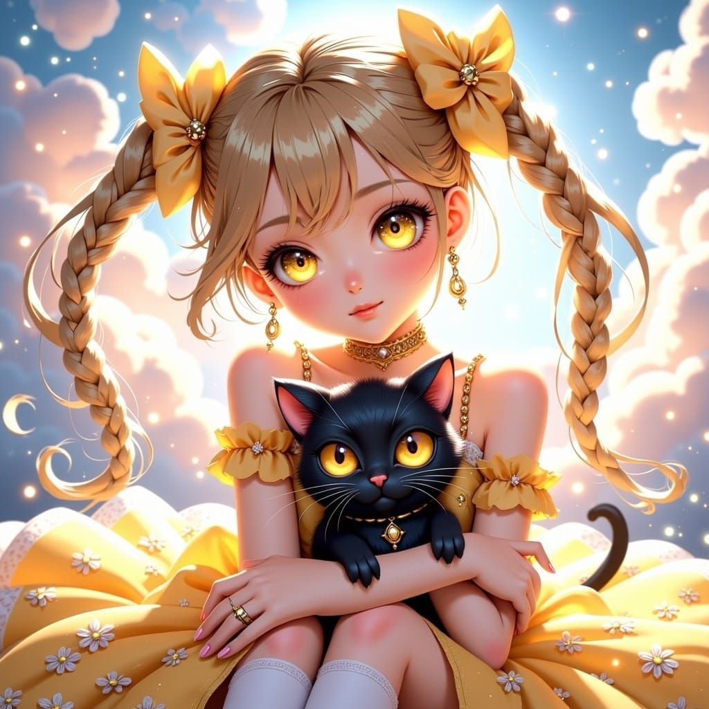 Kawaii Anime Girl with Whimsical Aura and Majestic Black Cat