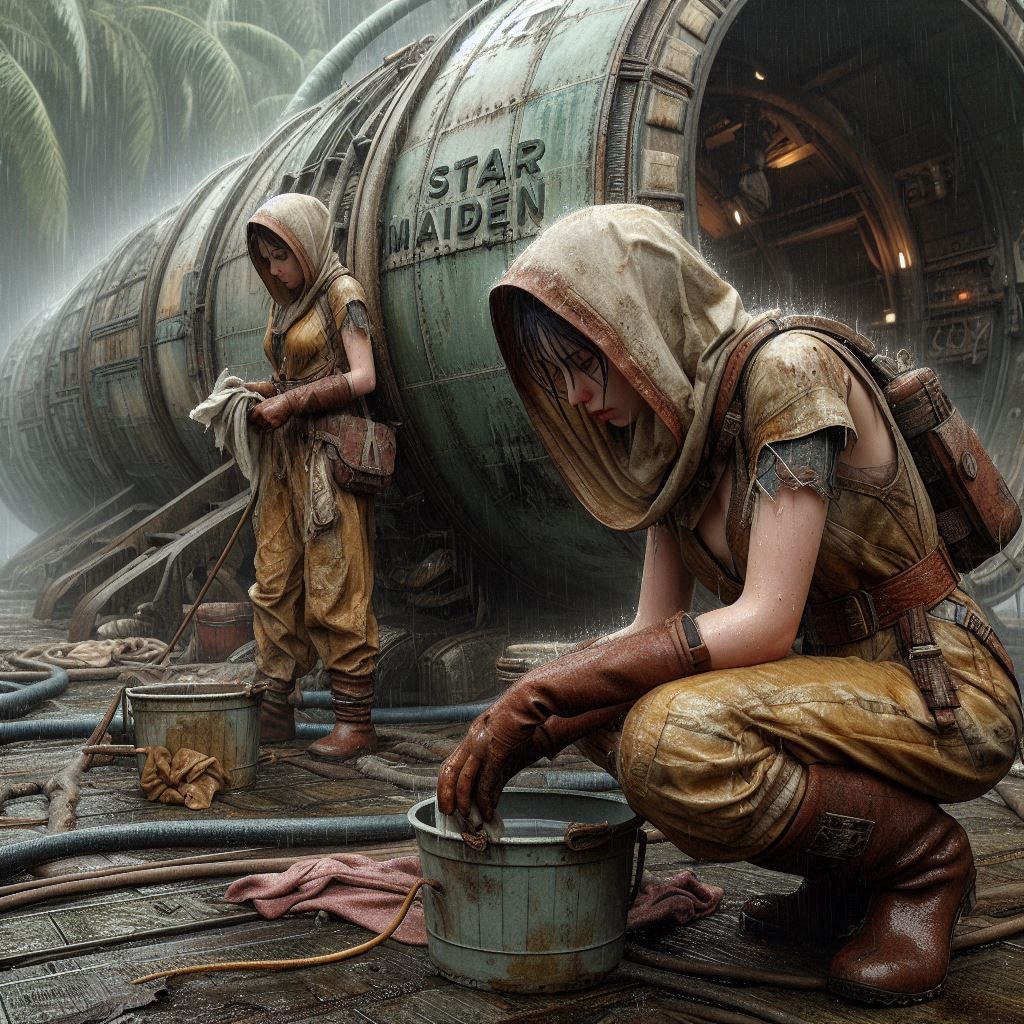 A few tired female workers are cleaning the vicinity of an o...