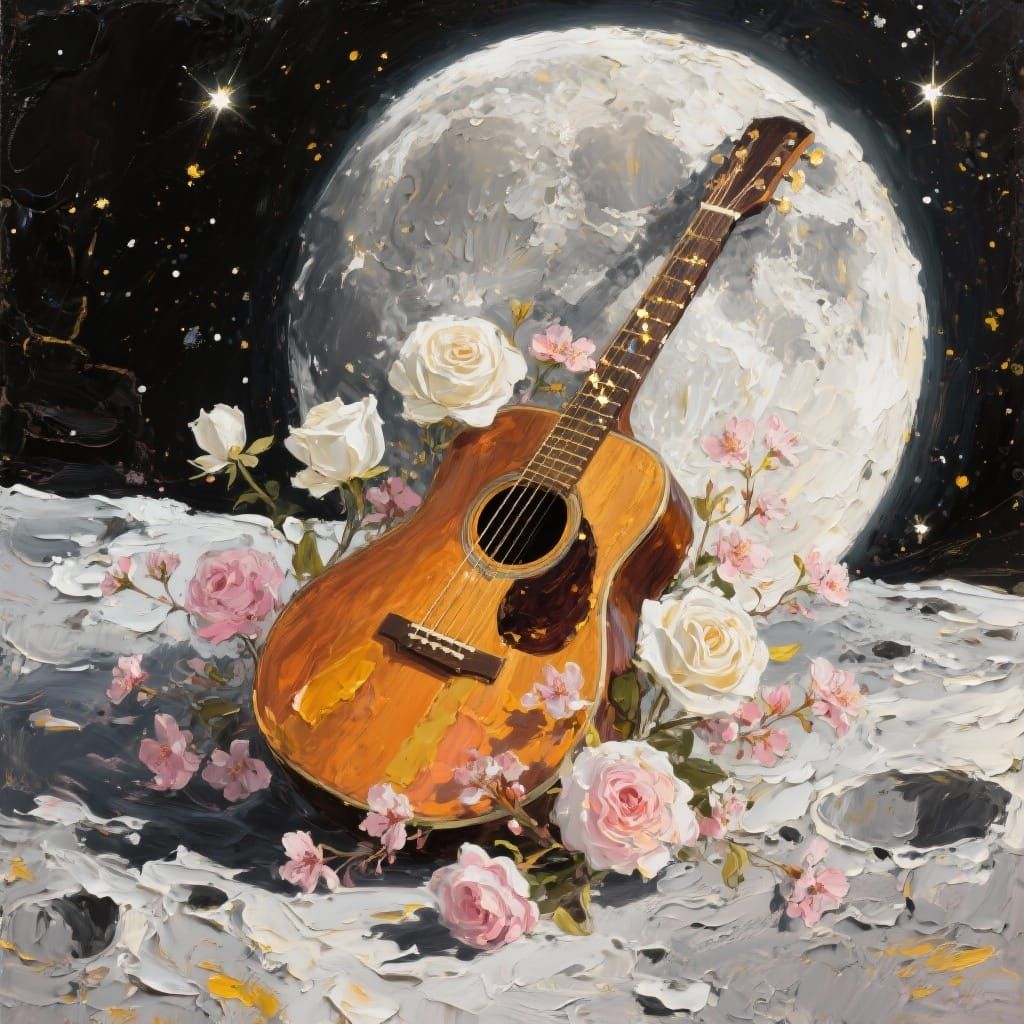Guitar on the Moon in Impasto Oil Painting