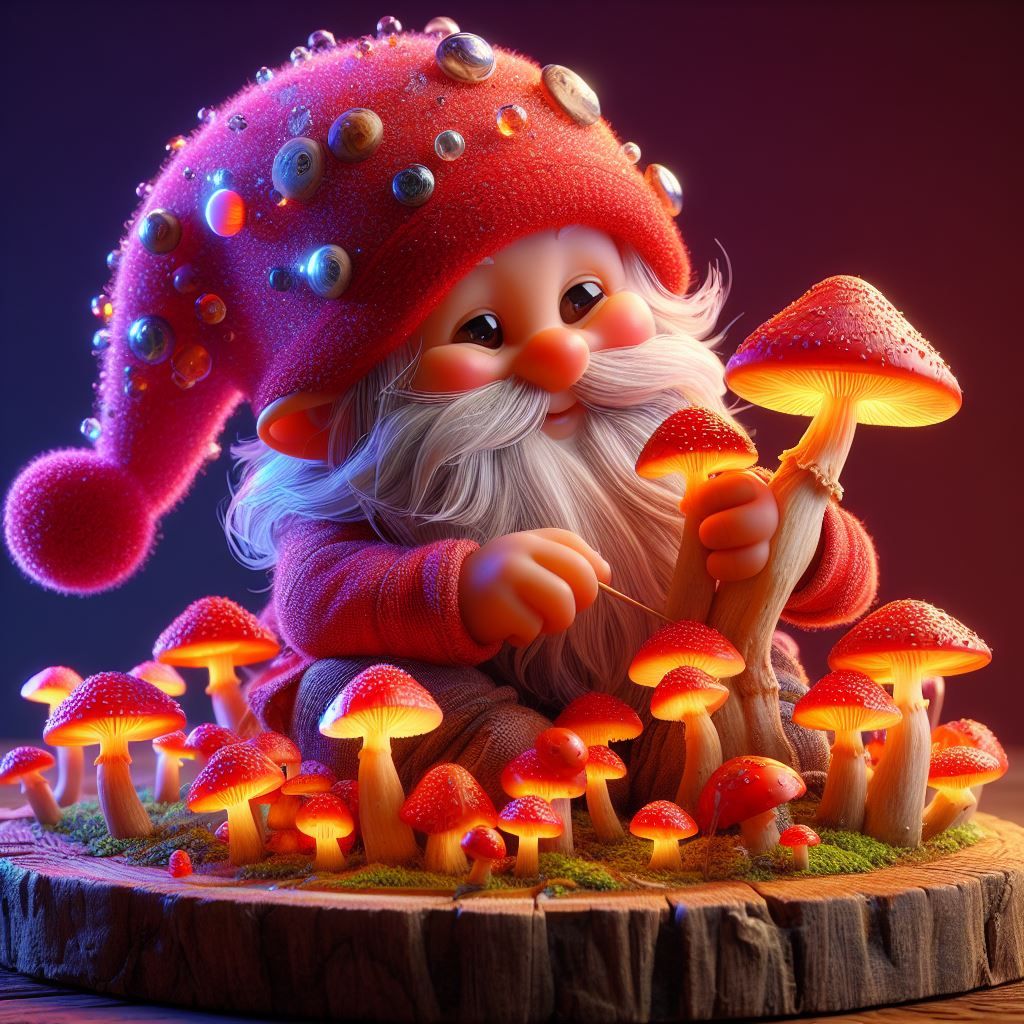 Happy little gnome picking mushrooms