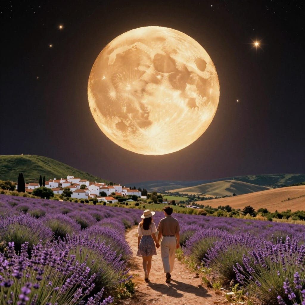 Walking Hand-in-Hand Toward a Giant Full Moon.  by @Elemaro