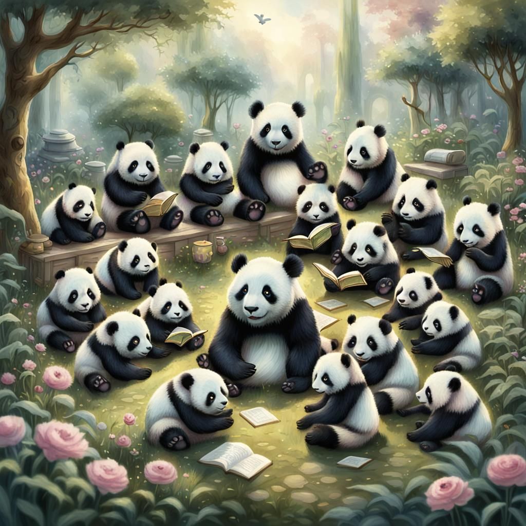 Panda Emotion Lesson in Kinkade Style Garden
