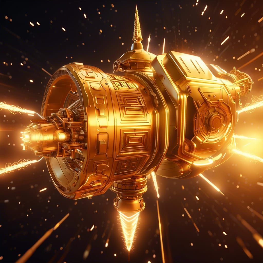 Massive Golden Colored Spaceship Flying In Space With Ancient Hindu 