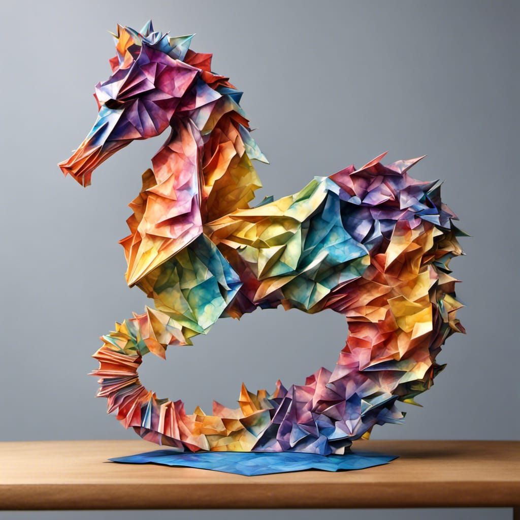 Rainbow Origami Seahorse: 3D Marbling Masterpiece