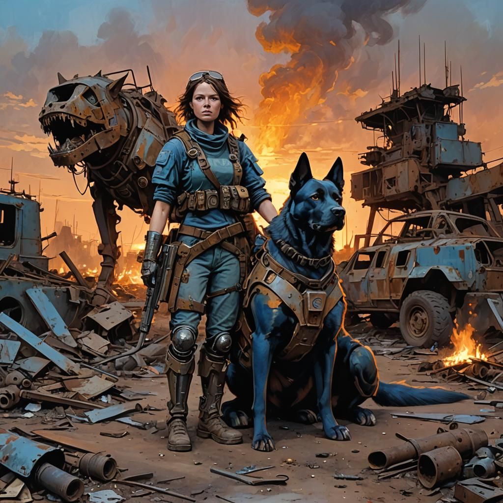 Post-Apcolyptic junkyard, sunset scavenger girl with armored...