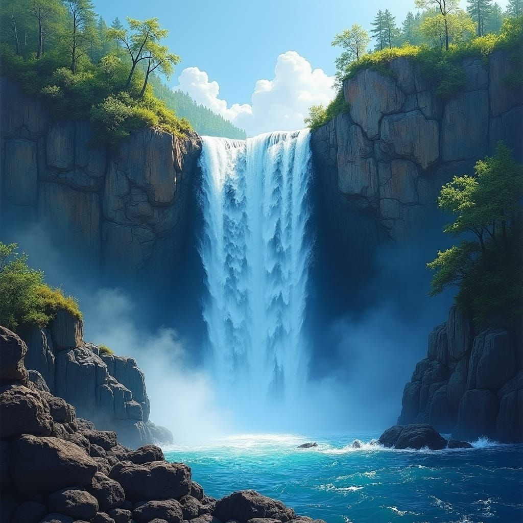 a waterfall, award-winning painting, beautiful, dramatic, shades of blue, rich colors, deep colors
