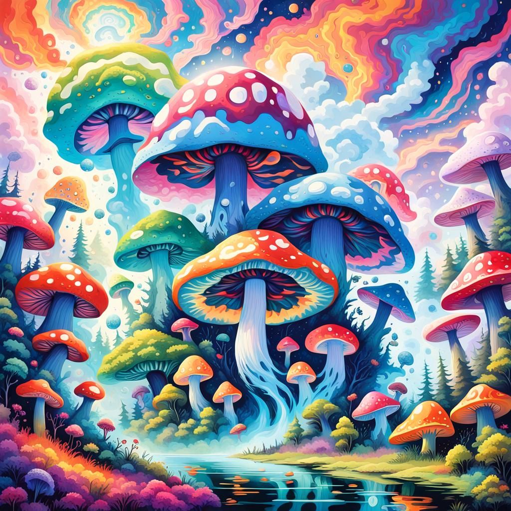 Psychedelic Landscape with Giant Mushrooms and Peace Symbols