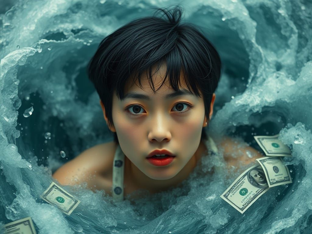 Despairing Woman Drowning in Money