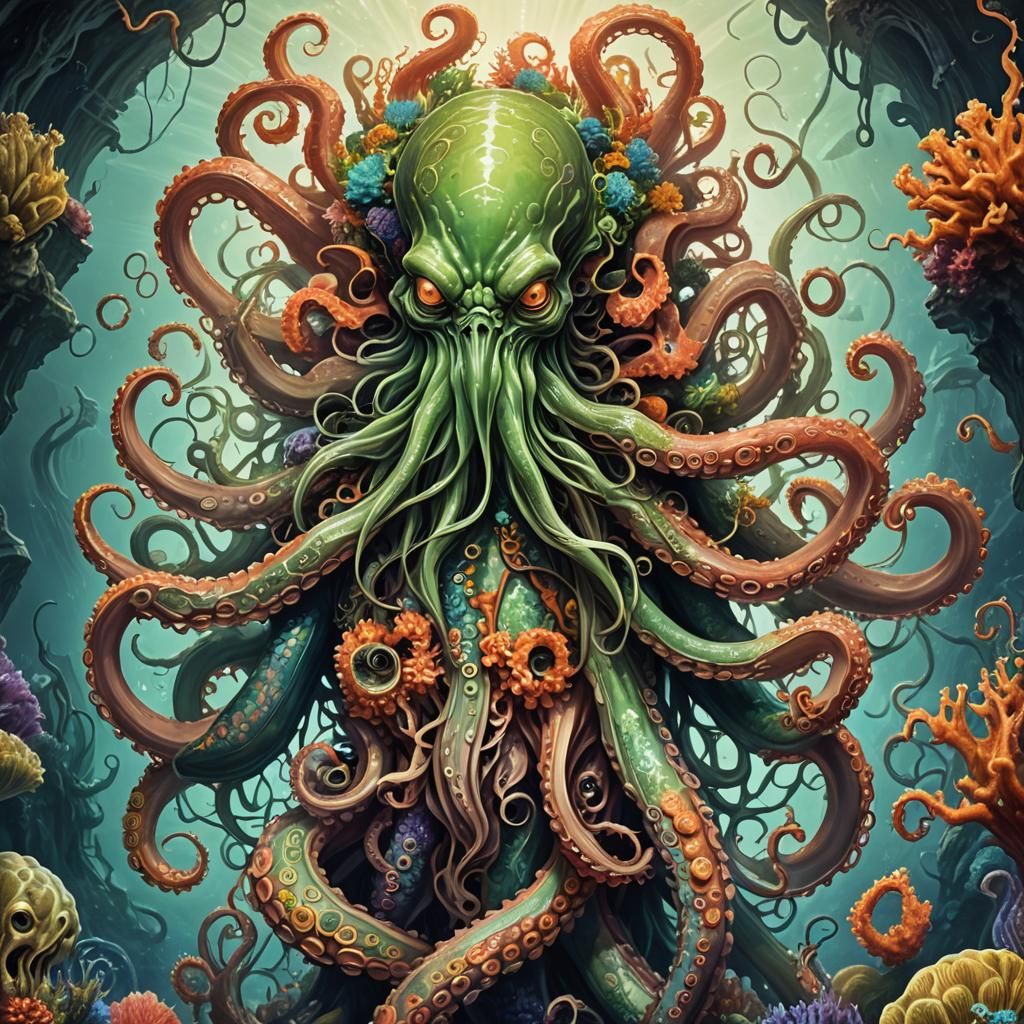 (intricately detailed colorful artwork of a slippery Cthulhu Inspired ...