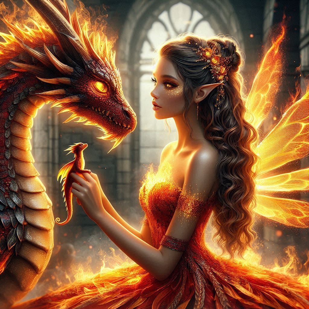 Fire Fairy with Fire Dragon and baby Dragon