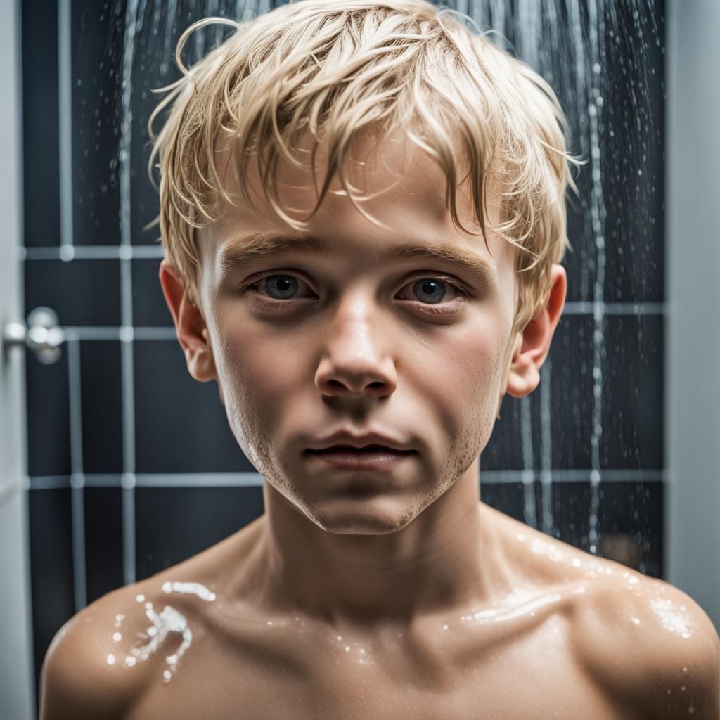 Take A Picture From 23 Face Shirtless Blond Boy Adolescent Shower Lovely Pose Wet Body Detailed 2950