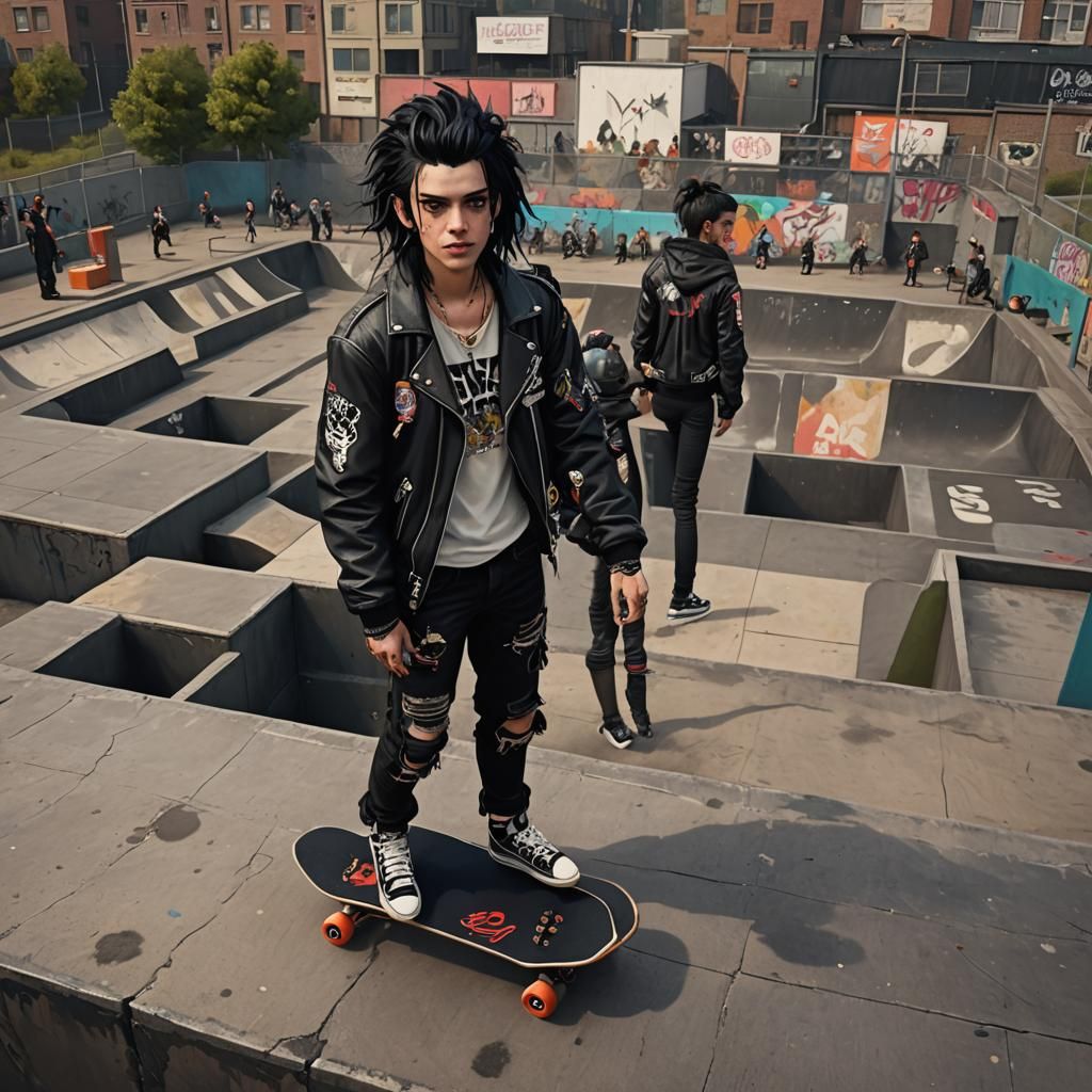 Punk teen
Cool black hair 
Punk jacket 
Skate park