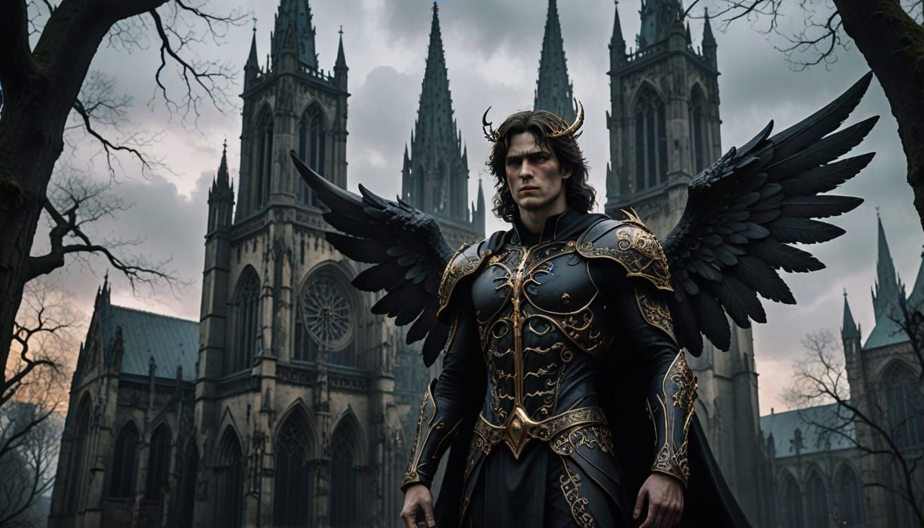 Gothic Dark Angel in Front of a Haunting Cathedral