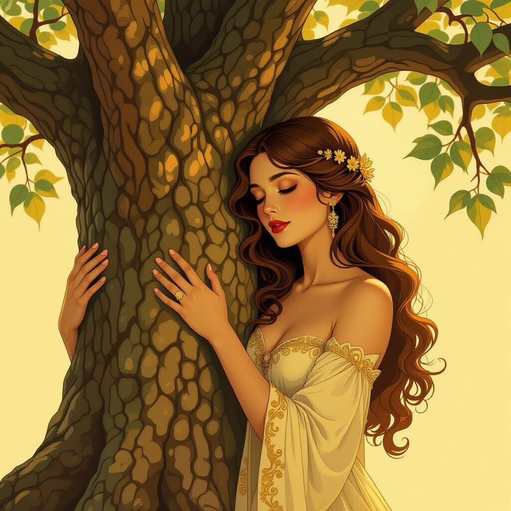 Golden Woman Embracing Mystical Tree in Art Nouveau Style