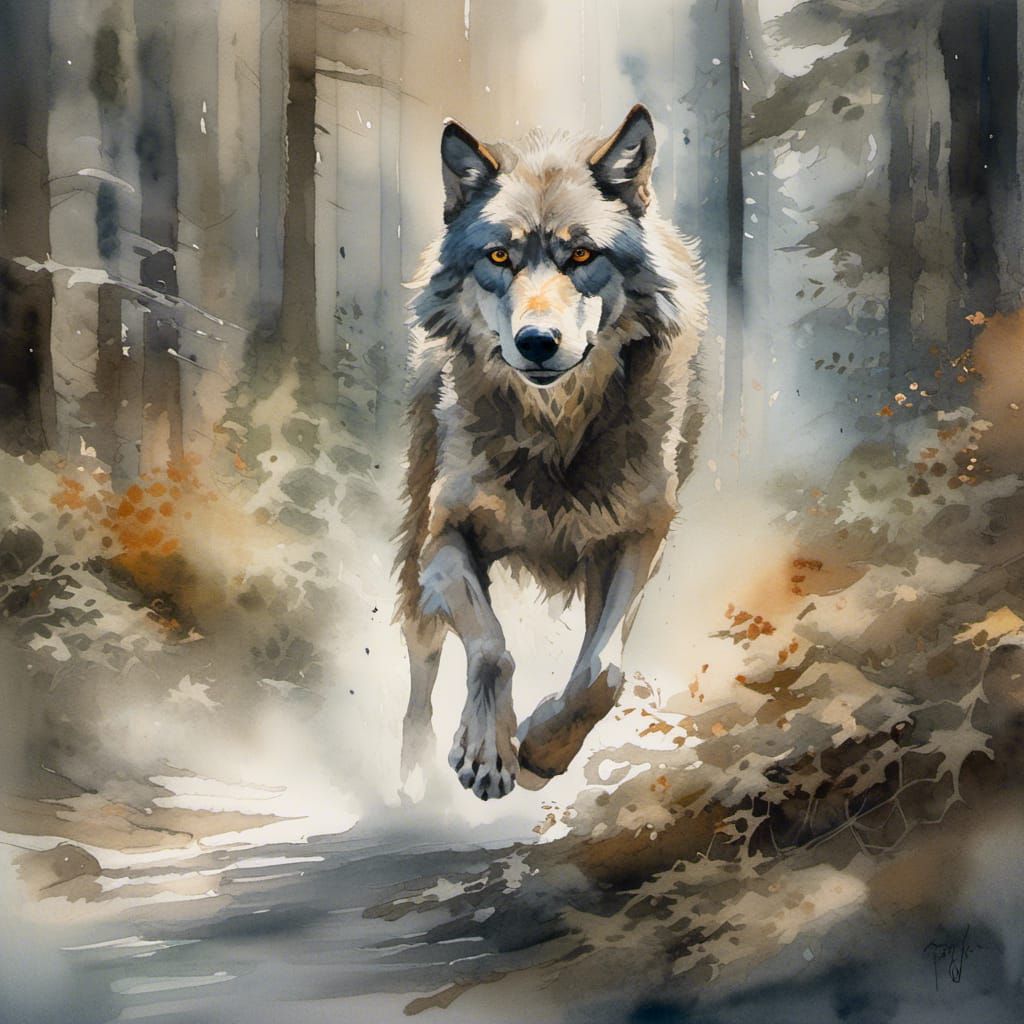 Long exposure watercolor of a majestic and fantastical old wise wolf running through ...  by @MariluS