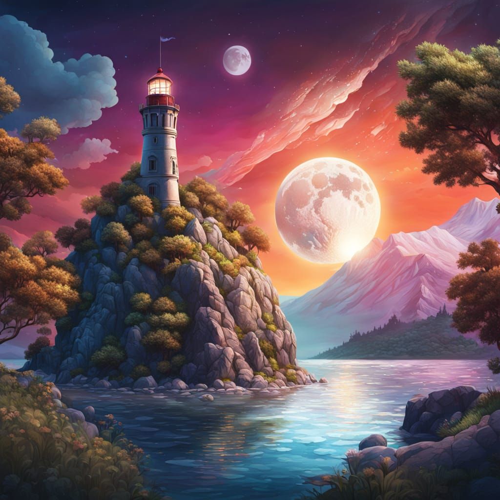 inside a huge stone hand is a lake with an island in the middle. on the island is a lighthouse, the beam of which illuminates the surroundin...