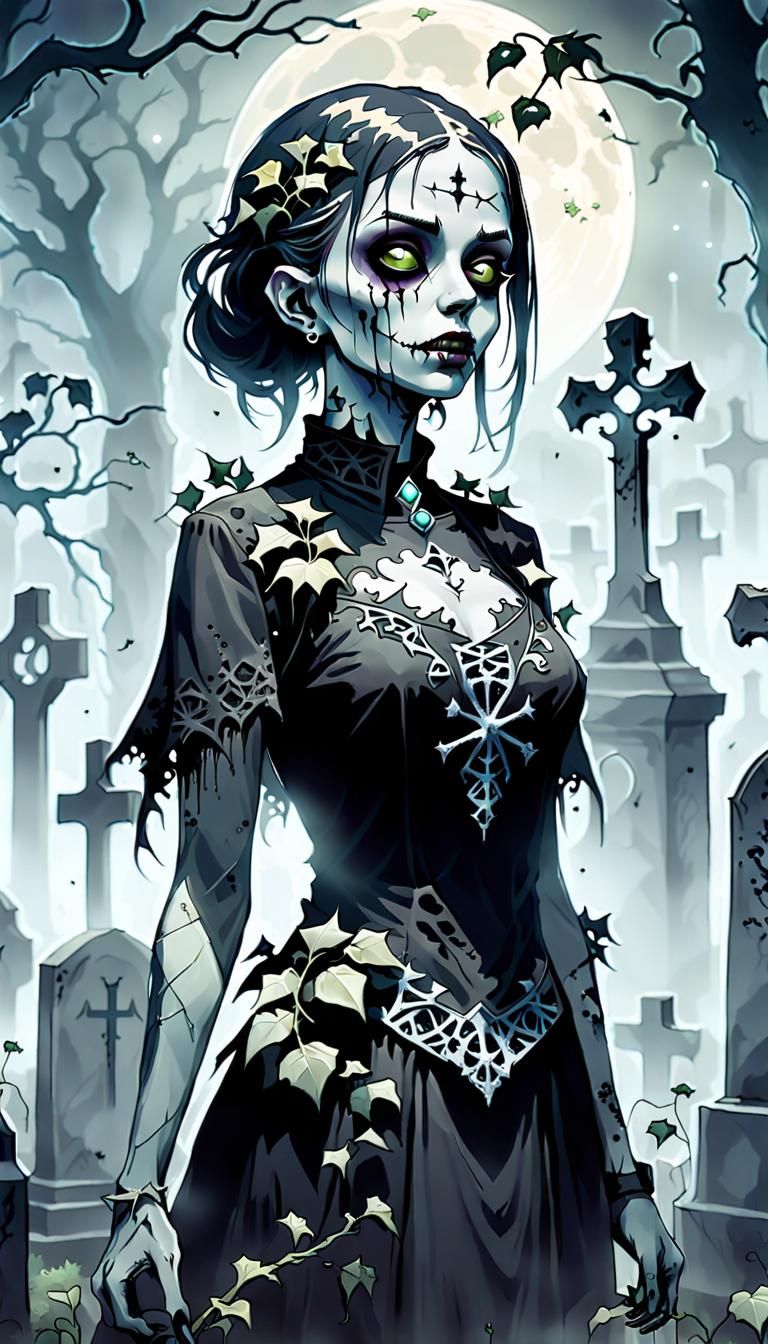 Zombie Girl Lover, undead natural beauty, Crystal Prismatic goth clothing, detailed face, expressive eyes, full body portrait of a Slim Zomb...