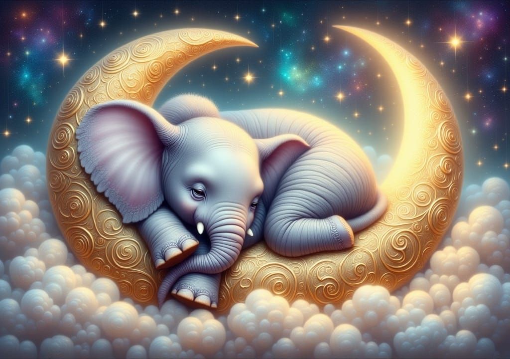 whimsical painterly fantasy artistic painting <lora:FiosFantasyGlow:1.0> : hyperrealistic adorable baby Elephant is curled up sleeping insid...