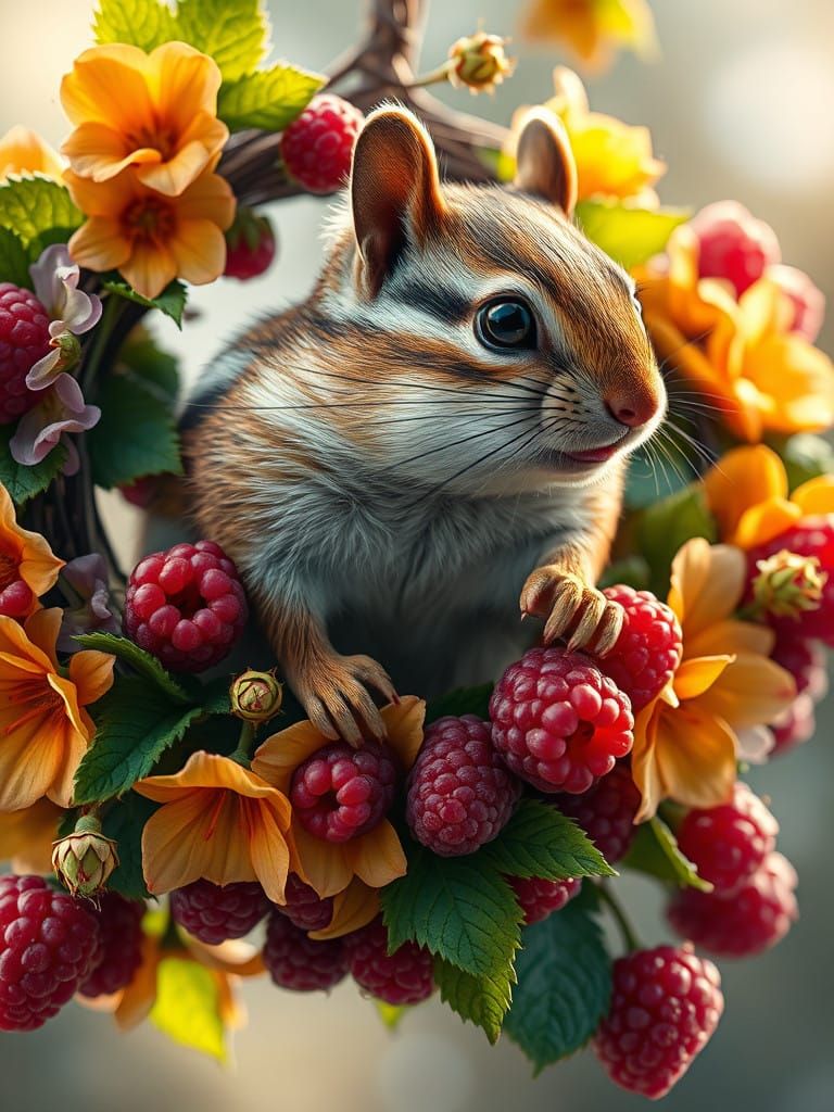 a chipmunk hanging on a wreath of colorful flowers and raspberries  by @Sasha