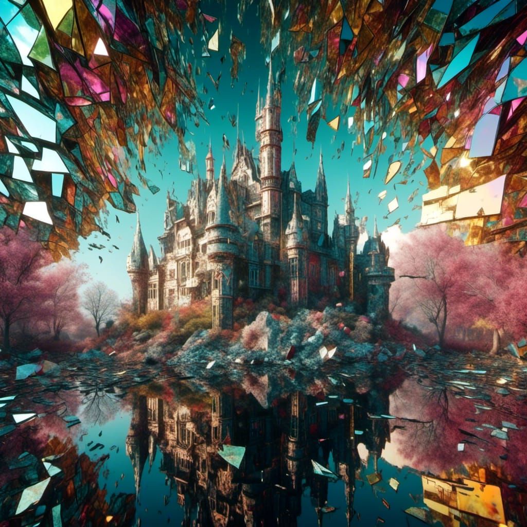 <lora:Shattered:1.0>shattered mirror, mirrors 
 multicolored castle in the reflective crystal lake