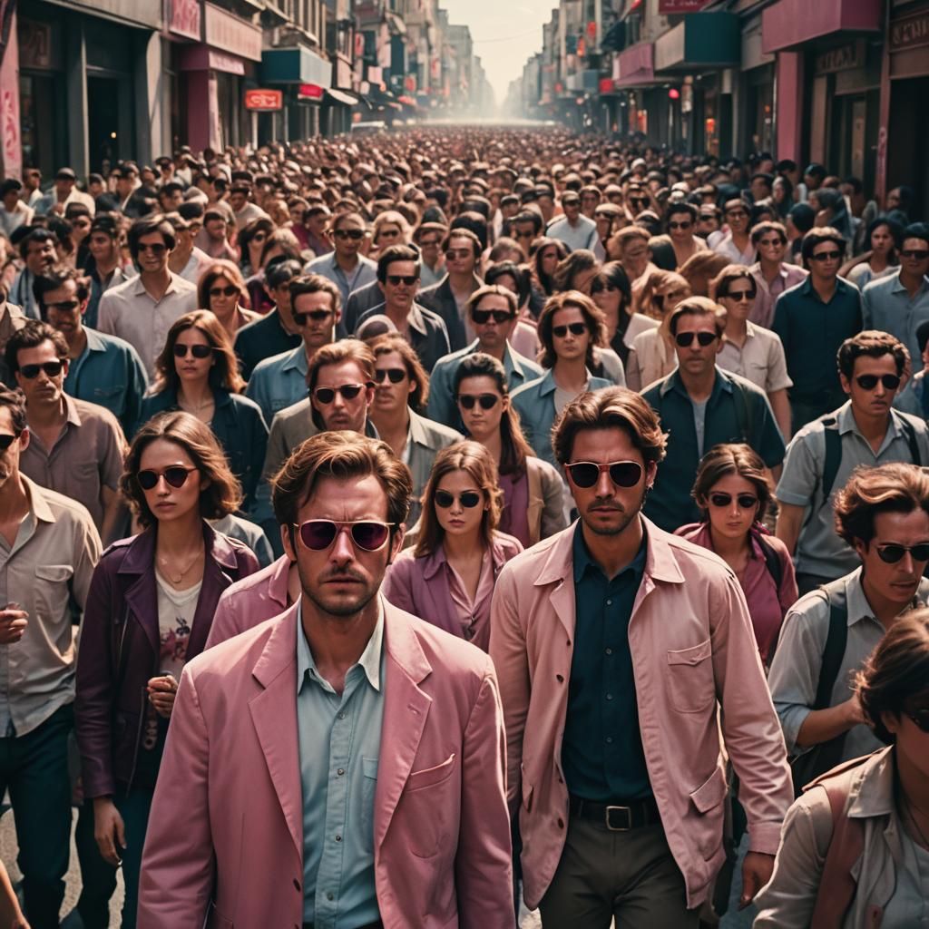 walking down a crowded street only wearing rose-colored glas...