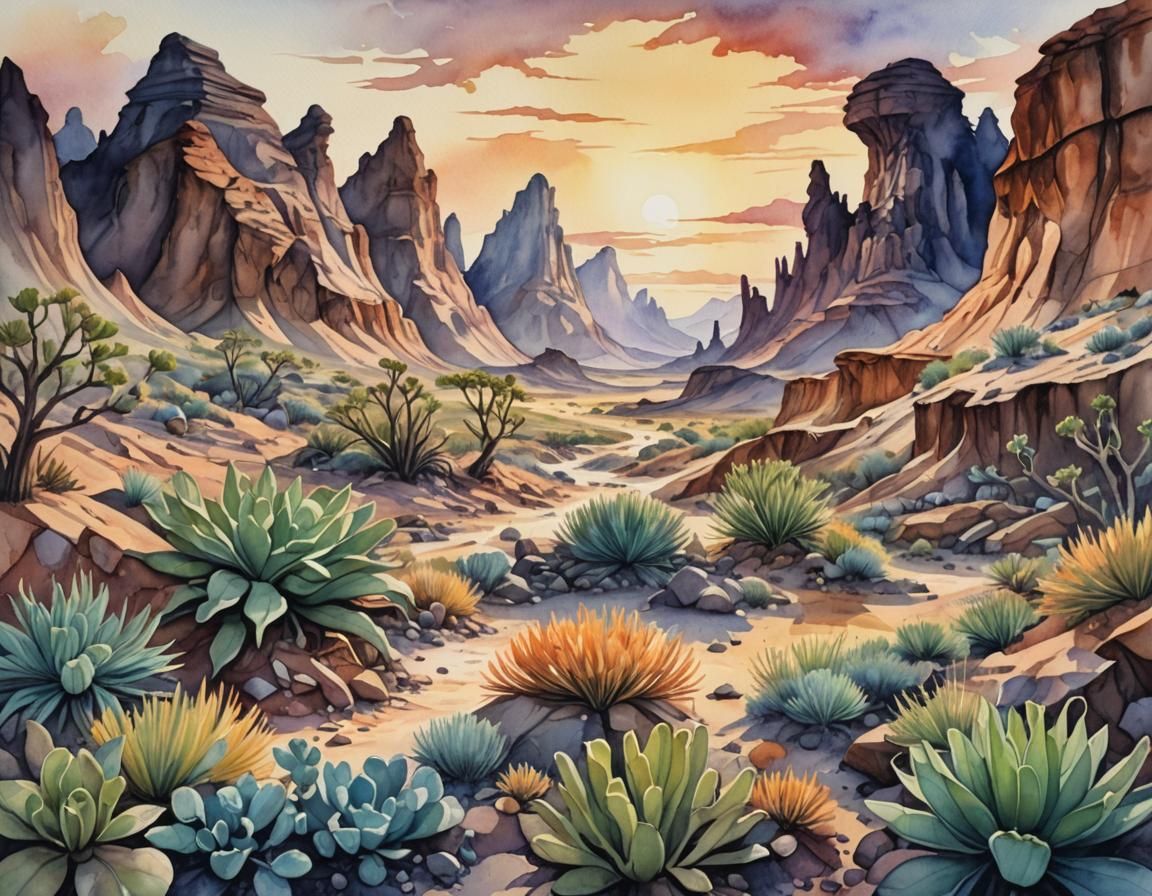 A watercolor painting depicting a chaotic alien landscape, w...