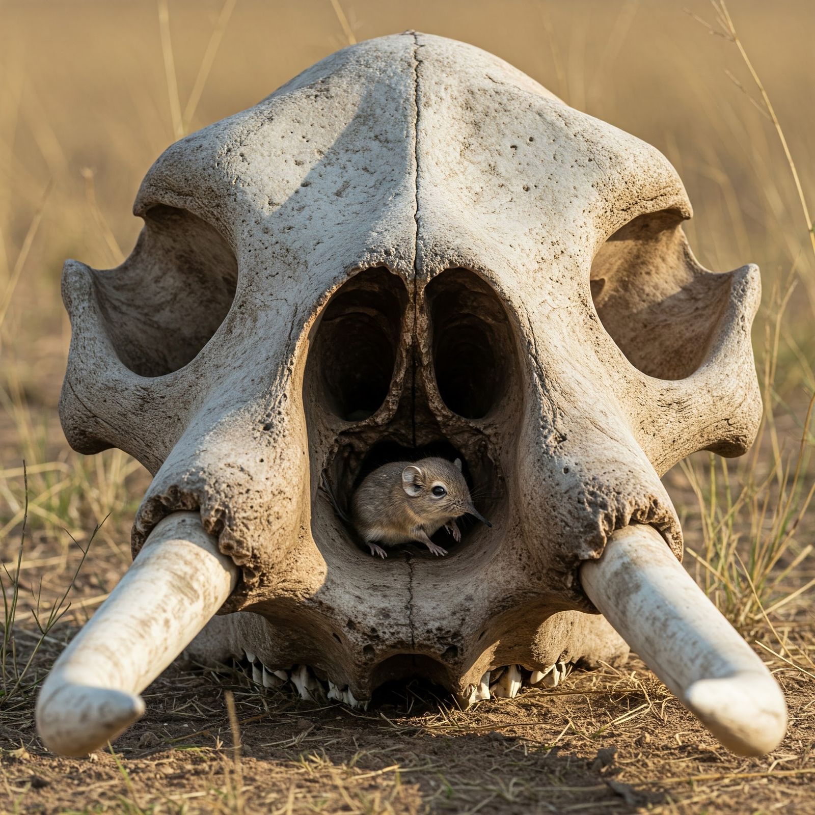 Elephant shrew inside elephant's skull