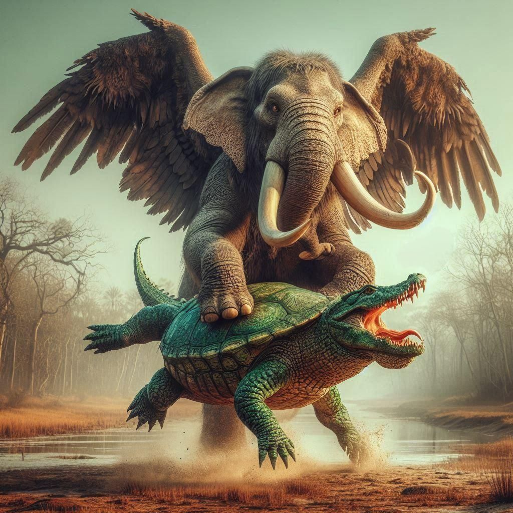 Behold! The mythical winged elephant protecting their territory from the crocodurtle  by @James
