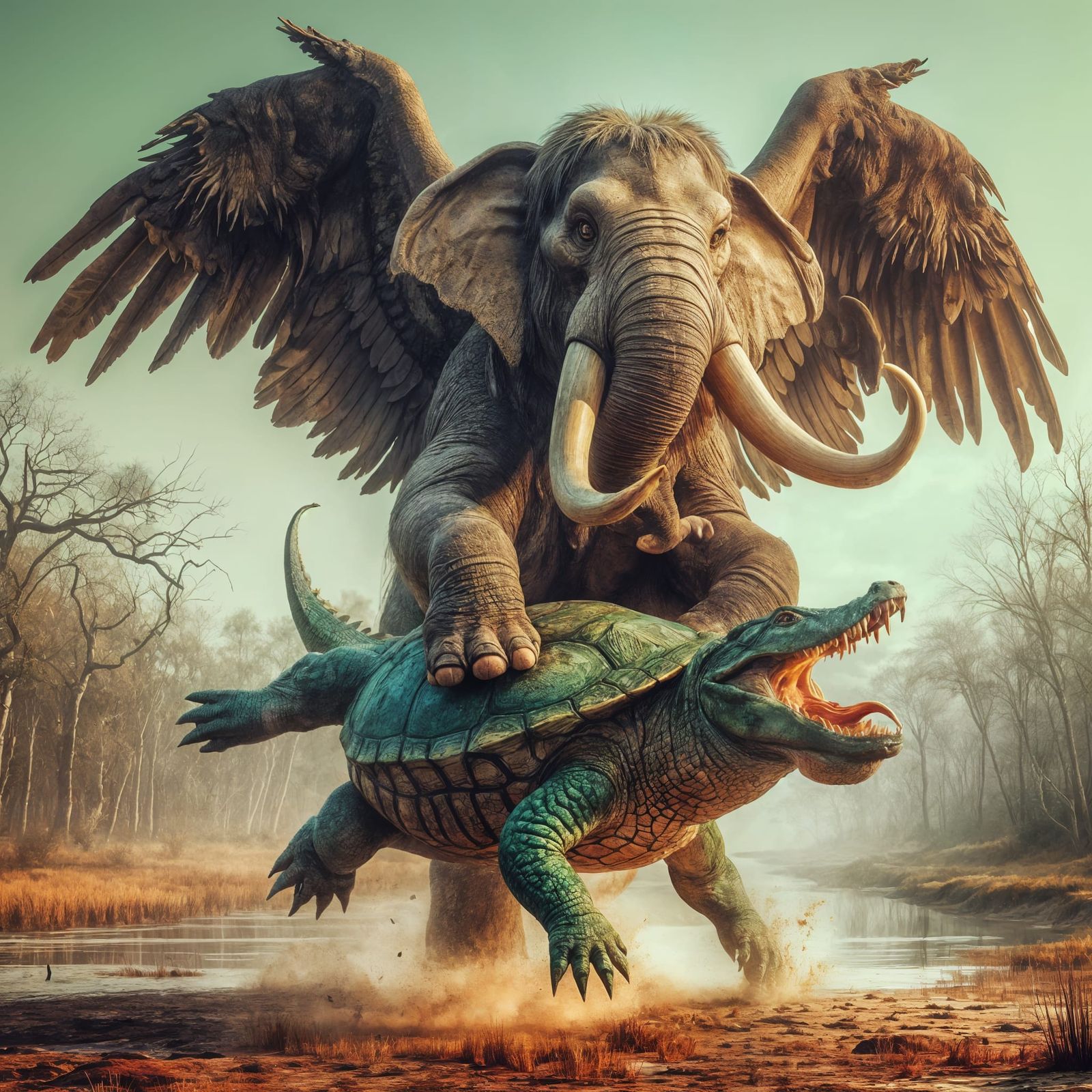 Behold! The mythical winged elephant protecting their territory from the crocodurtle