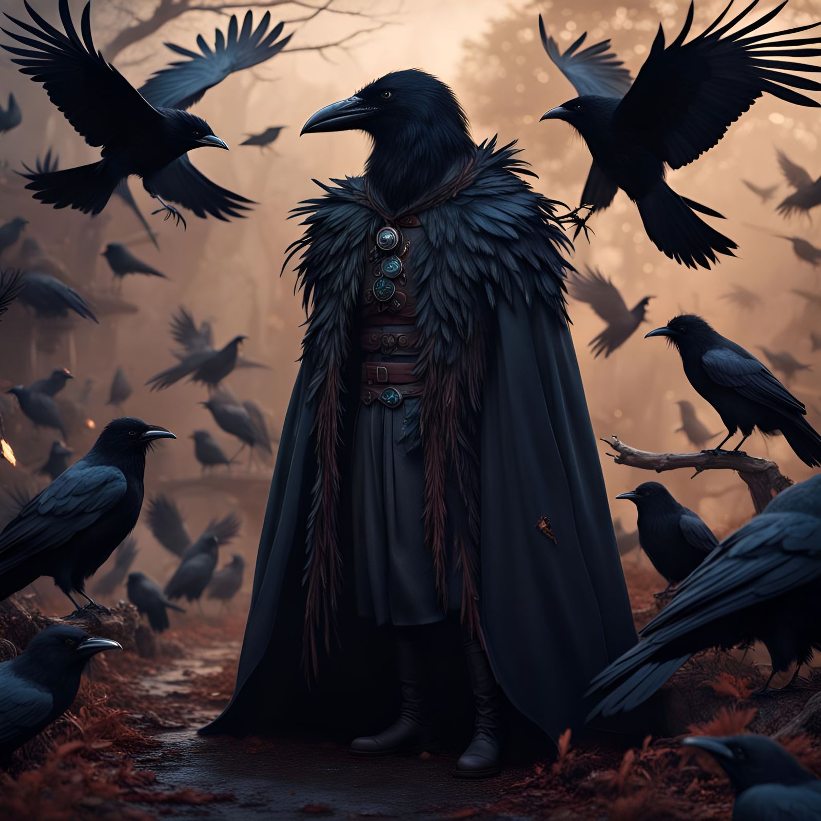 Man in A Crow Feather Cloak with Crows  by @Mikeydred