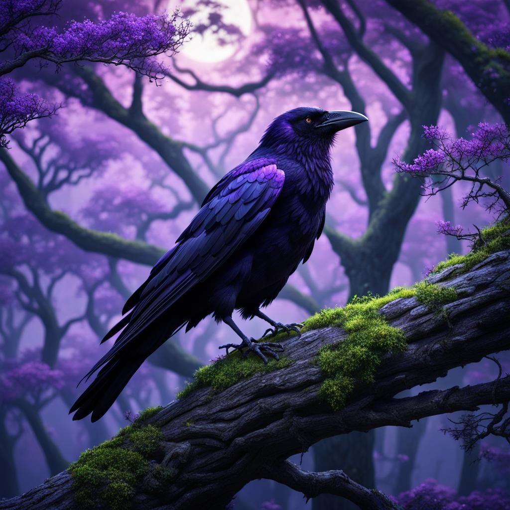 view of a crow on top of a tree, epic fantasy style, purple ...