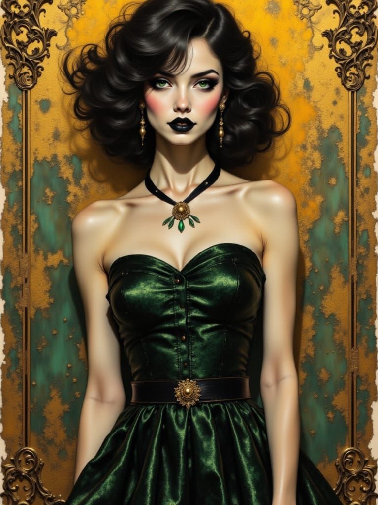 <lora:ChArkcoal:1.0> black emerald and gold vintage woman strapless sun dress portrait 