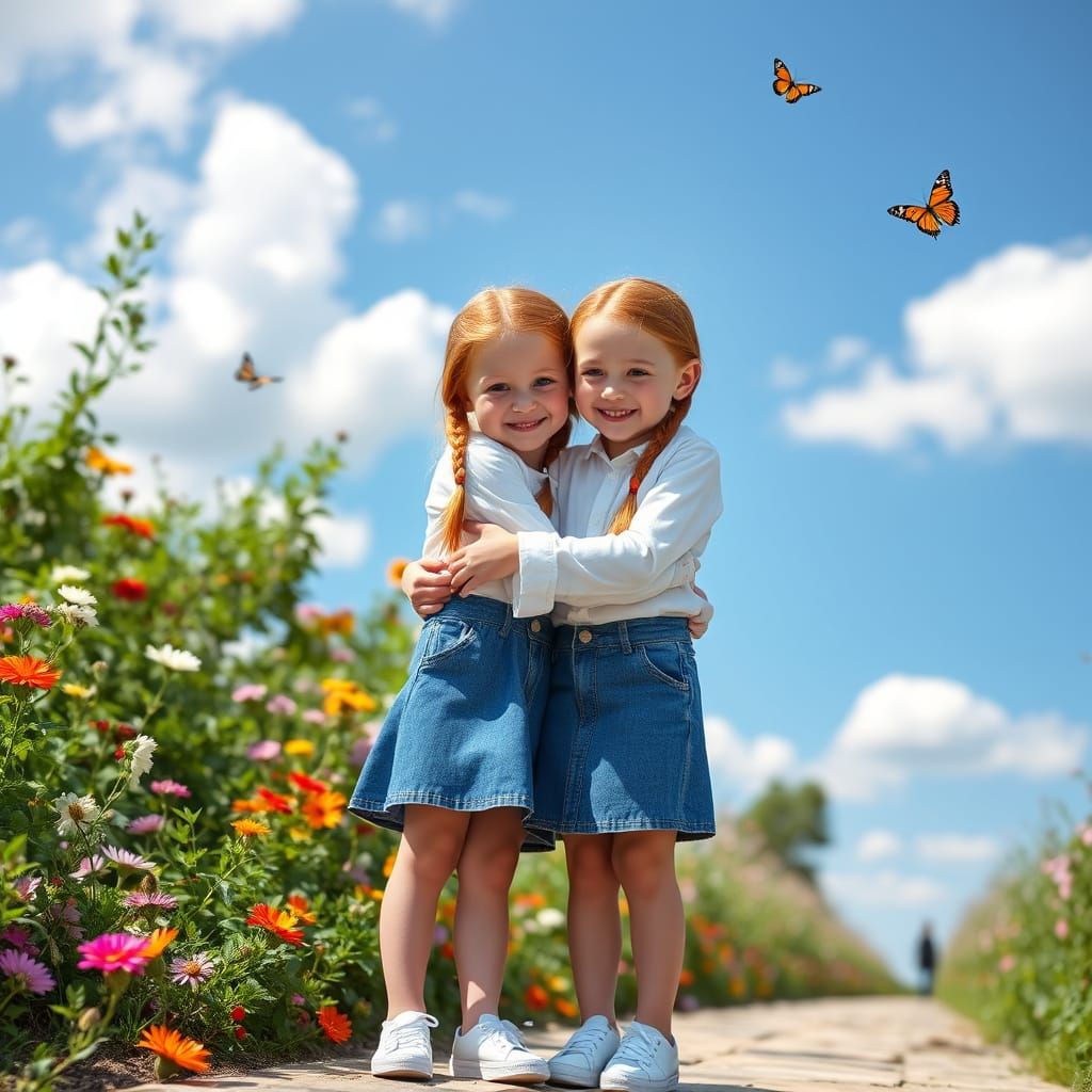 Red-Haired Twins Enjoying a Sunny Spring Day